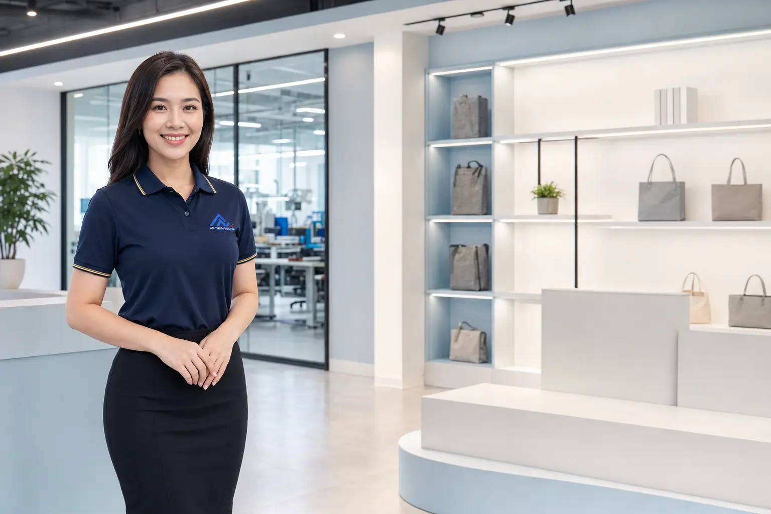 Nữ chuyên viên tư vấn An Thịnh Vượng tại showroom túi và xưởng sản xuất